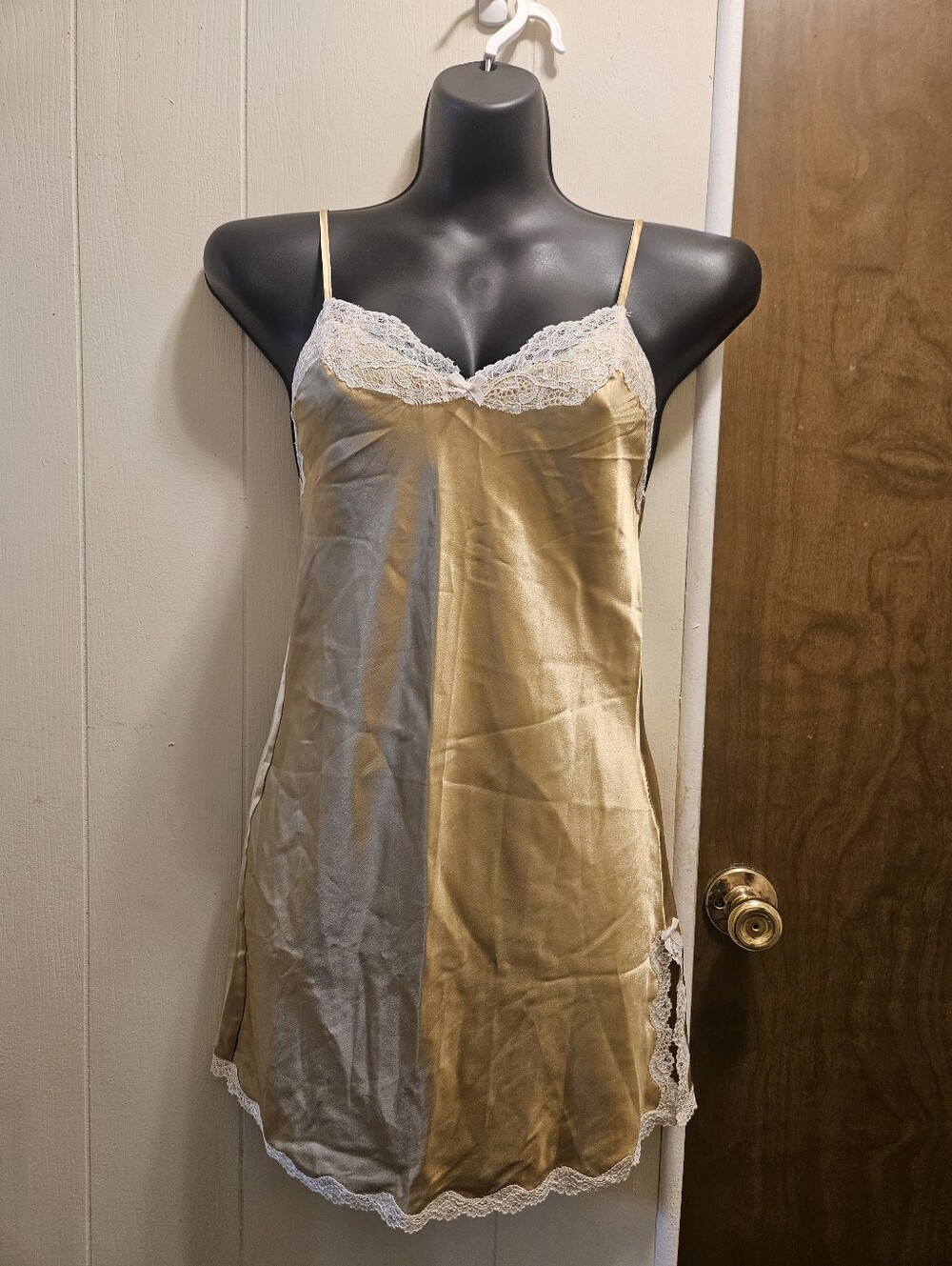 NWOT Victoria's Secret Gold Satin Slip with White Lace Trim